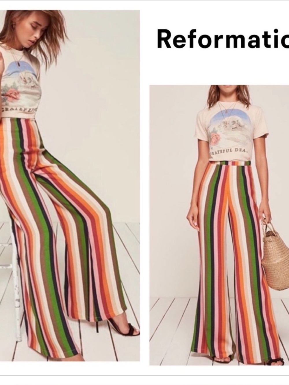 Reformation CHARLEE Rainbow Multi Stripe Wide Leg High Rise Pants